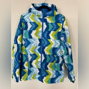Lands' End Sapphire Geo Colorful Hooded Quilted Jacket Coat Youth XL 18-20 Blue